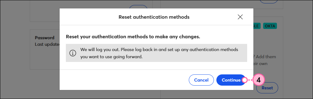 Logout confirmation and Continue button
