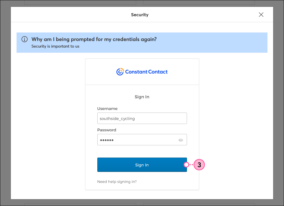Constant Contact login username and password fields with Sign In button