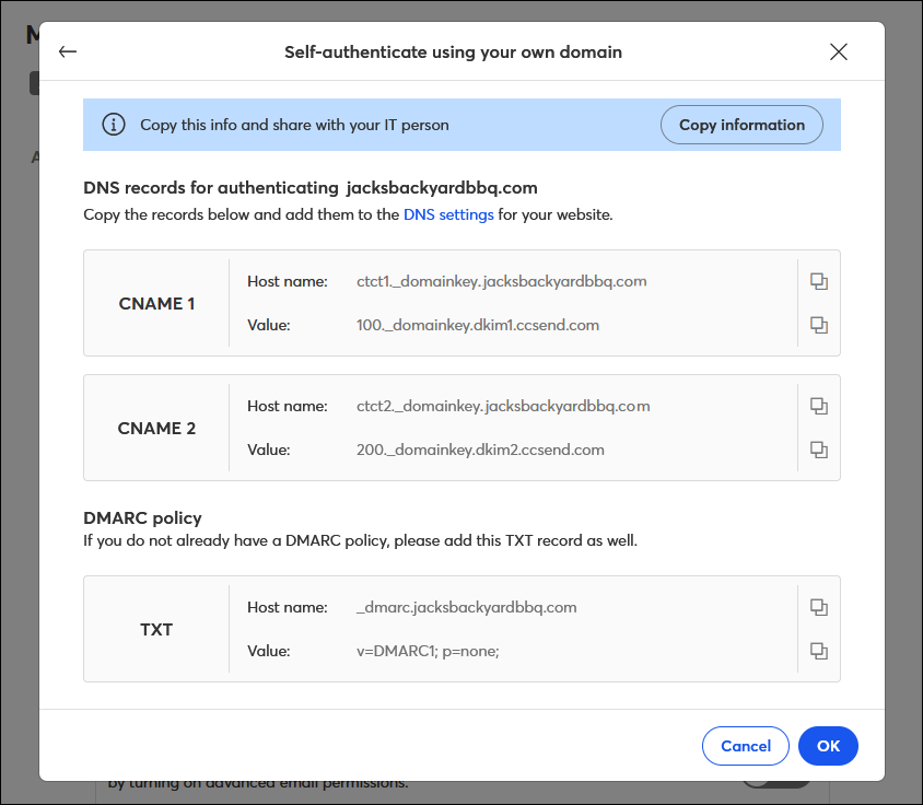 DKIM CNAME and DMARC record information generated in Constant Contact account settings
