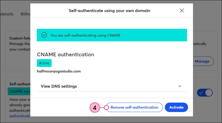 CNAME authentication Active and Remove Self-Authentication button