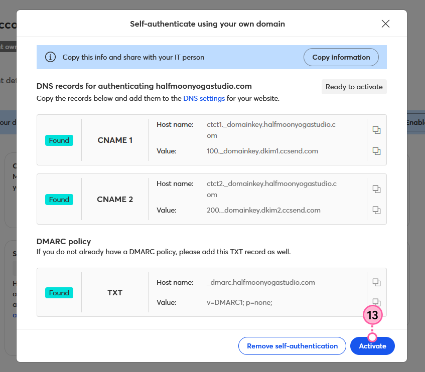 CNAME authentication ready to activate and Activate button