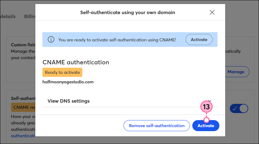CNAME authentication ready to activate and Activate button