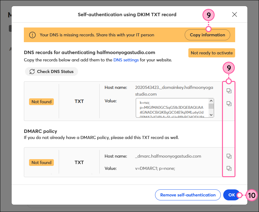 Generated Domain Key Host Name and TXT Record, Copy symbols, and OK button