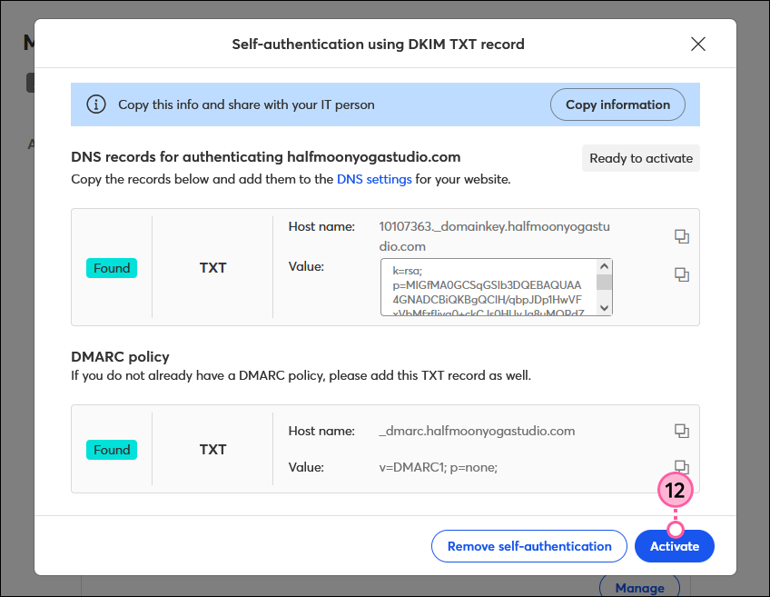 TXT authentication ready to activate and Activate button