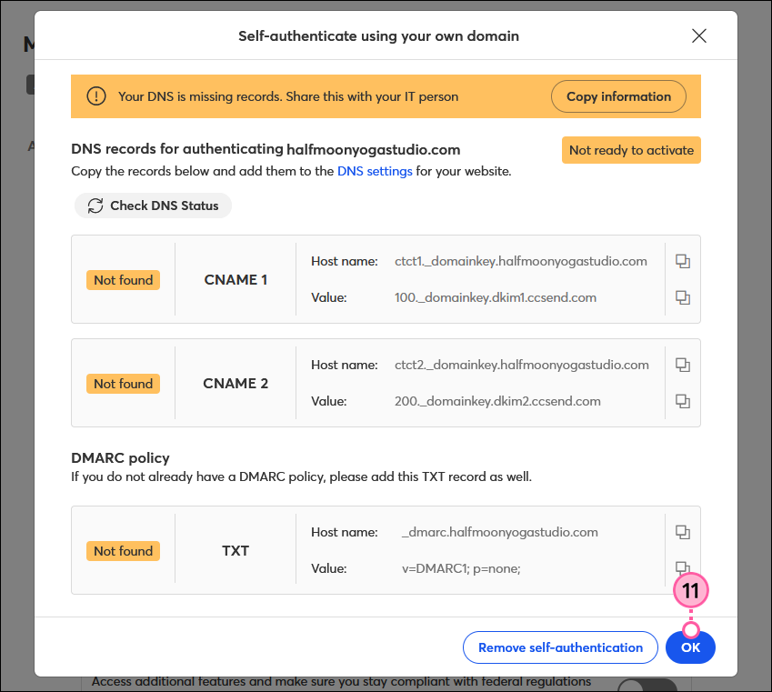 CNAME authentication Pending and OK button