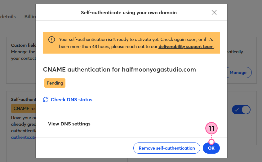 CNAME authentication Pending and OK button