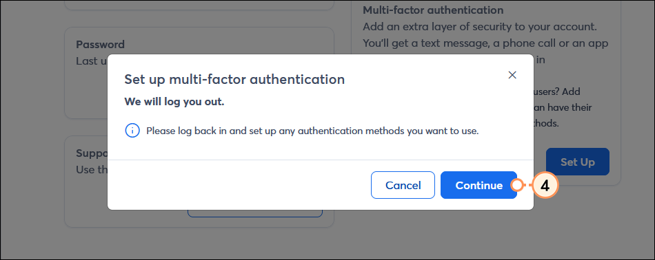 Logout confirmation and Continue button