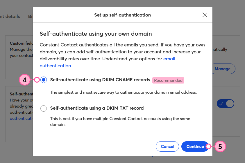 Self-authentication options, CNAME option selected, and Continue button