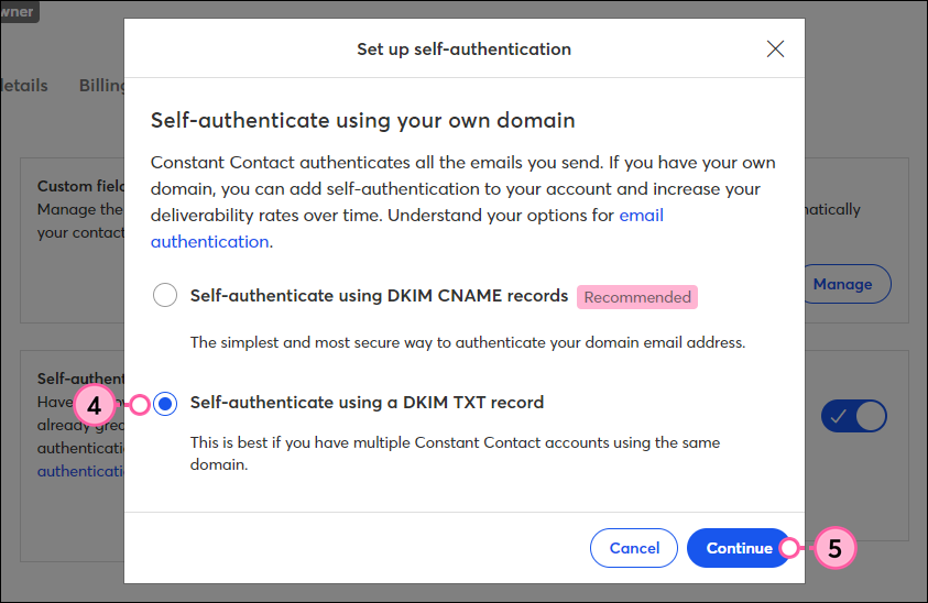 Self-authentication options, TXT record option selected, and Continue button