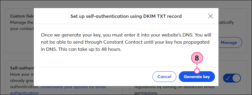 Set up self-authentication using DKIM TXT record confirmation and Generate Key button