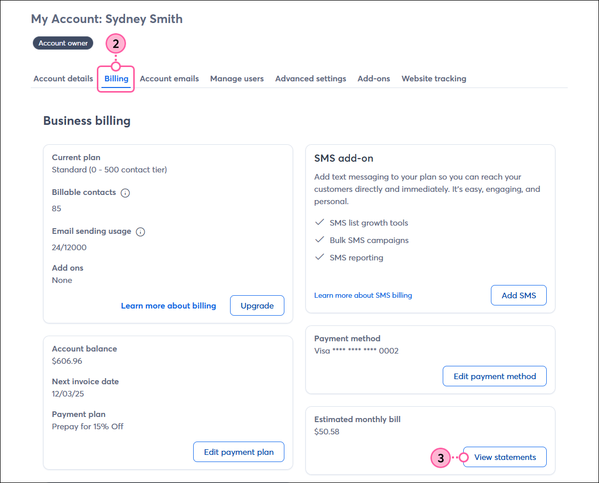 Billing tab and View Statements button