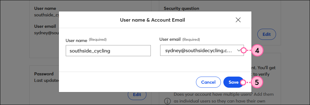 User Email drop-down and Save button