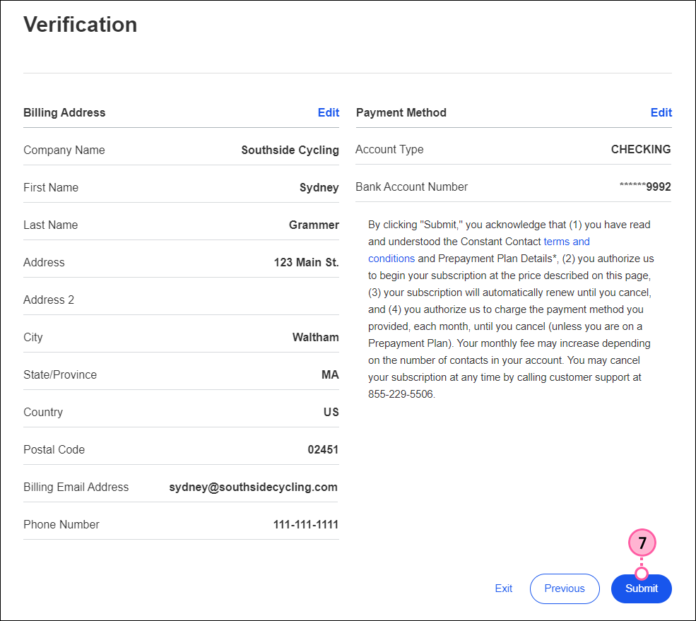 Verification of Billing Address and Payment Info with Submit button