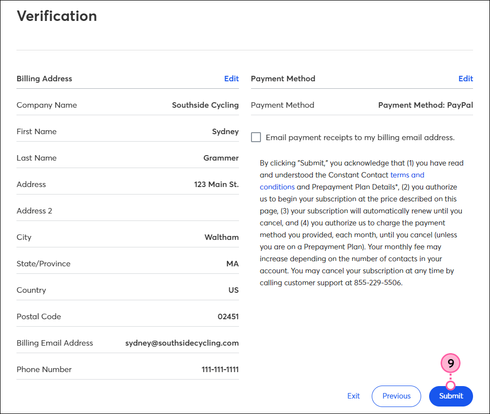 Billing Verification and Submit button