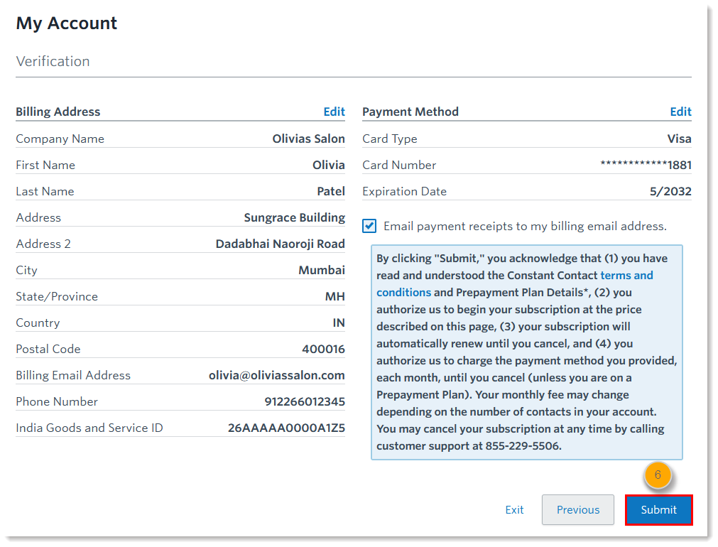 Rechnungsadresse und Schaltfläche Payment Method verification and Submit (Zahlungsmethode überprüfen und senden)
