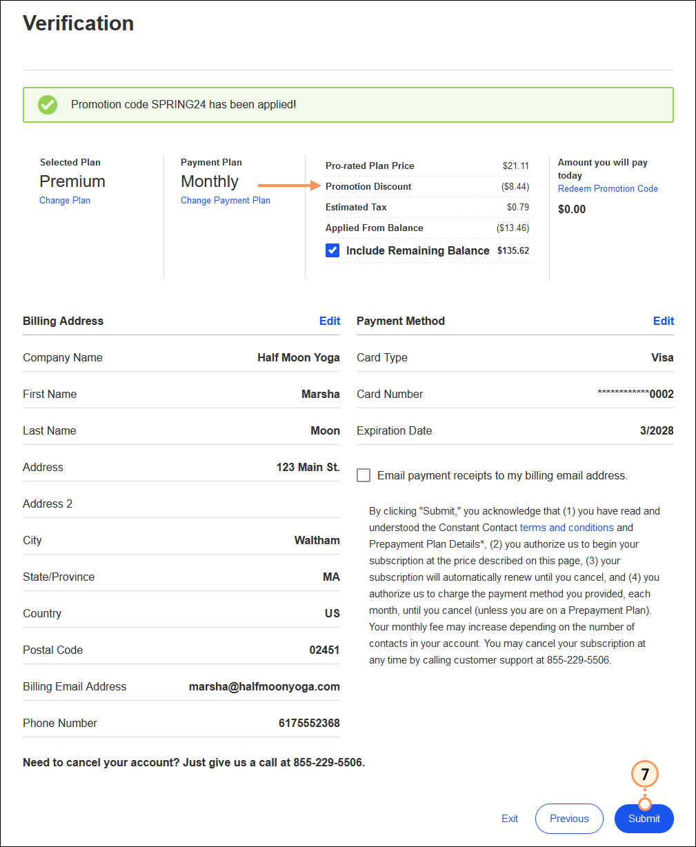 My Account Verification page with promotion code success banner, Promotion Discount line item, and Submit button