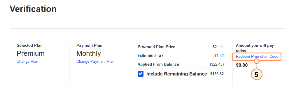 My Account Verification page, Amount you will pay today section and Redeem Promotion Code link