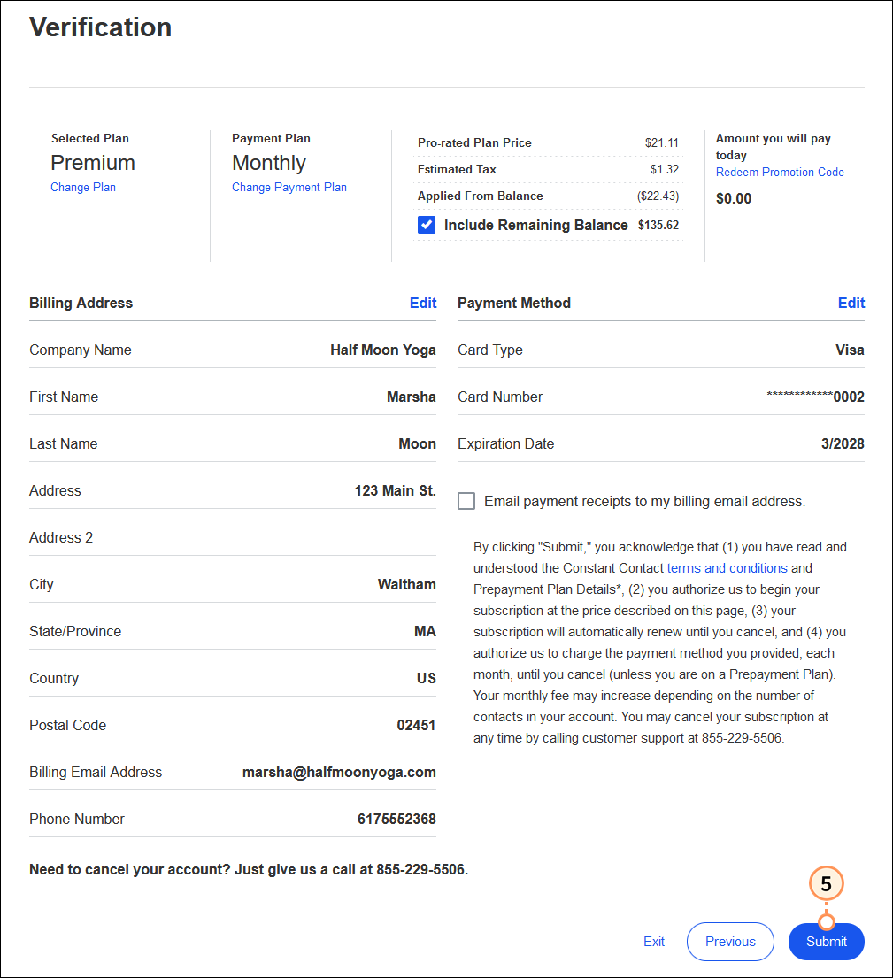Verification page with Plan overview, Billing Address section, Payment Method section, Terms and Conditions information, and Submit button