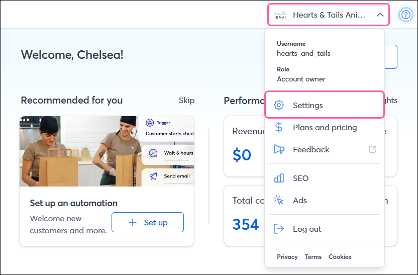 Account drop-down in top-right