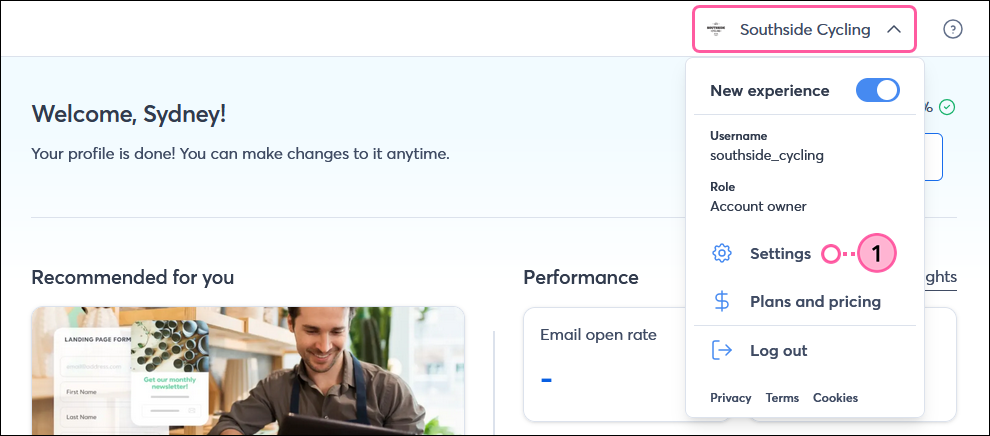 Profile name and My Account dropdown option