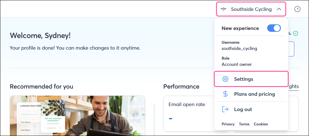 Profile name and Settings dropdown option