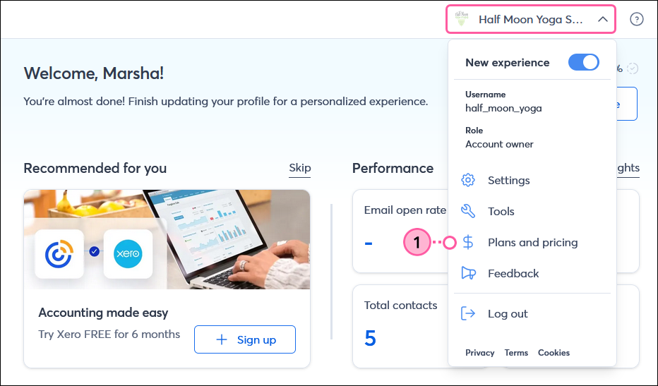 Profile drop-down menu expanded with Plans & Pricing option selected