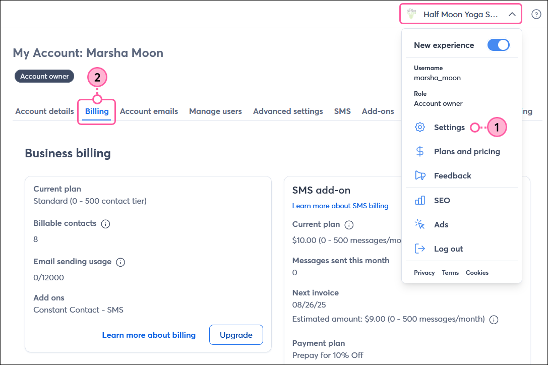 Profile name drop-down, Settings option, and Billing tab