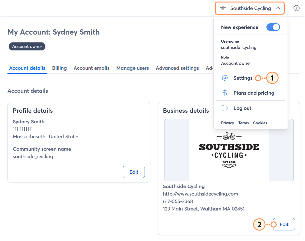 Account owner drop-down menu expanded and My Account option, Business Details section, and Edit button