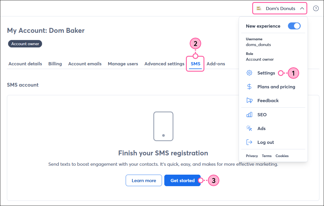 Account owner menu expanded with Account settings option selected, My Account page with SMS tab selected, and SMS account section with Get Started button