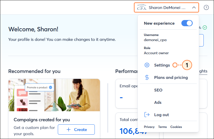 Profile name with Settings dropdown option