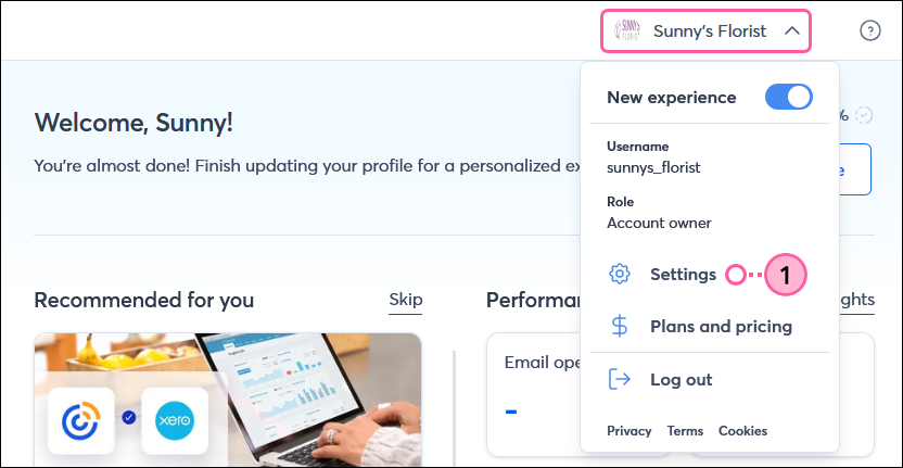 Profile name with drop-down and My Account option