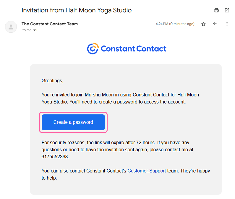 New User Invitation email in the inbox with Create a Username and Password button