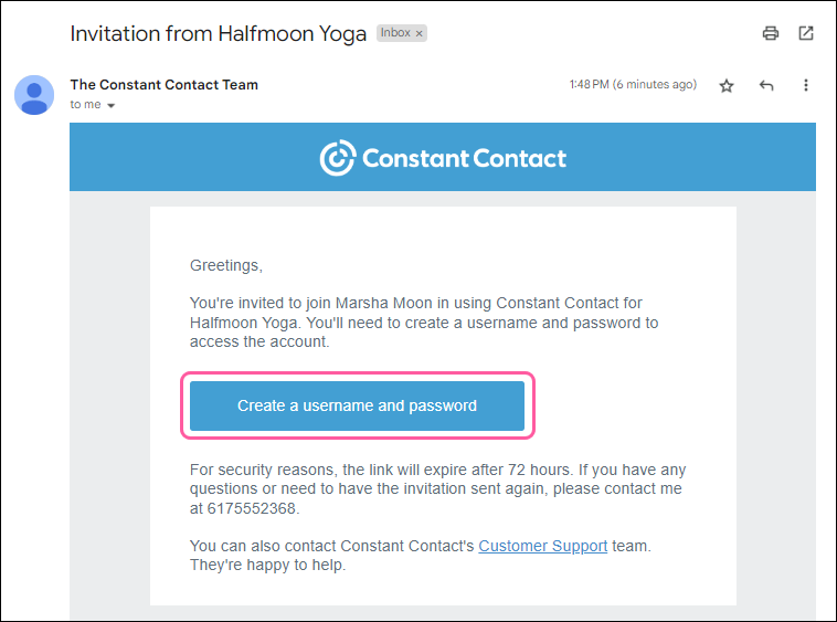 New User Invitation email in the inbox with Create a Username and Password button