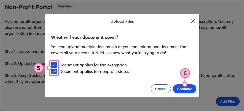 Tax Exemption and Non-profit Status checkboxes and Continue button