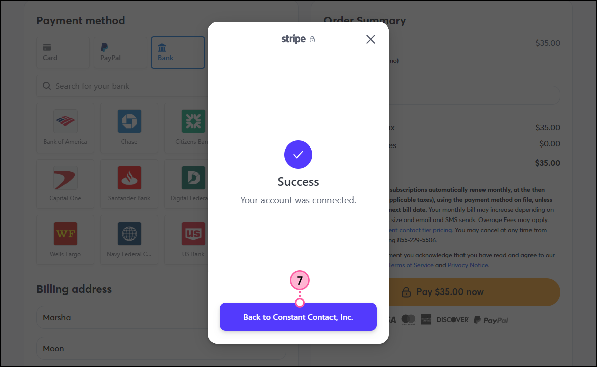Bank account connected Success message and Back to Constant Contact button