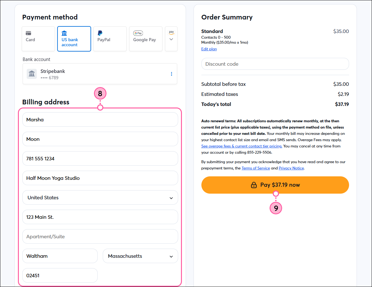 Checkout page, Bank account connected, Billing Address fields, and Pay Now button
