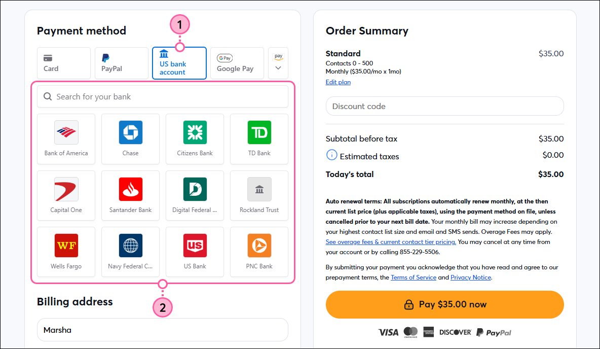 Checkout page, Payment Options section, US Bank Account option selected, search field and bank options