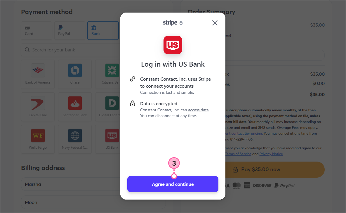 Log in with Bank pop-up with Agree and Continue button