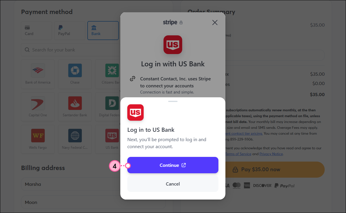 Log in to Bank pop-up and Continue button