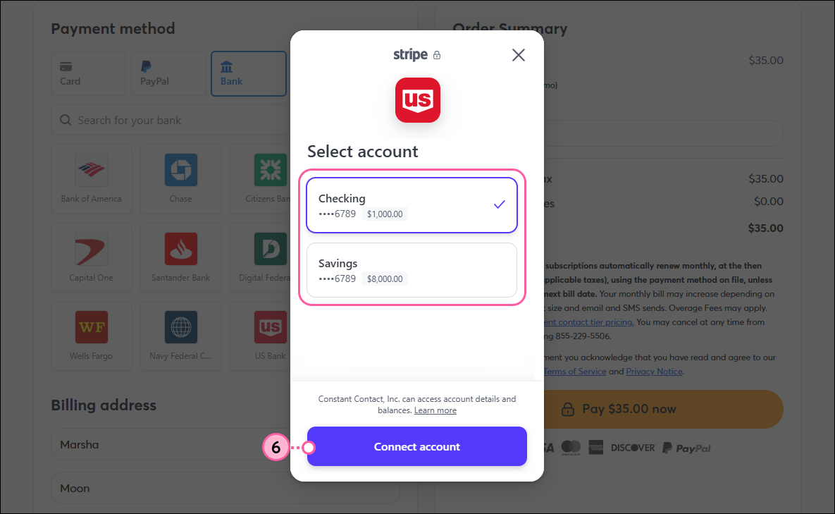 Select bank account pop-up and Connect Account button