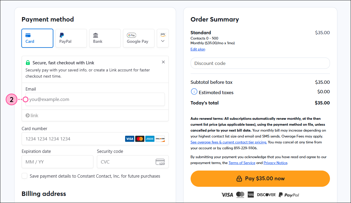 Checkout page, Payment method section, Stripe Link expanded with email address field