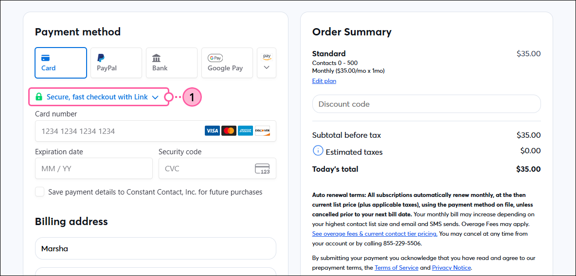 Checkout page, Payment method section, and Stripe Link link