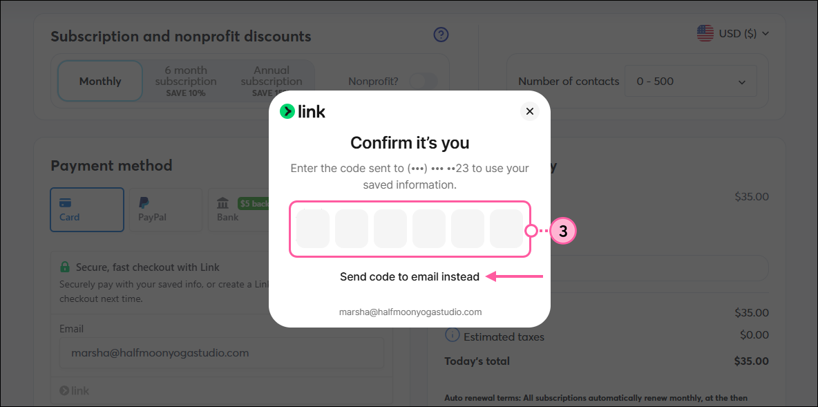 Checkout page with pop-up to enter Link confirmation code