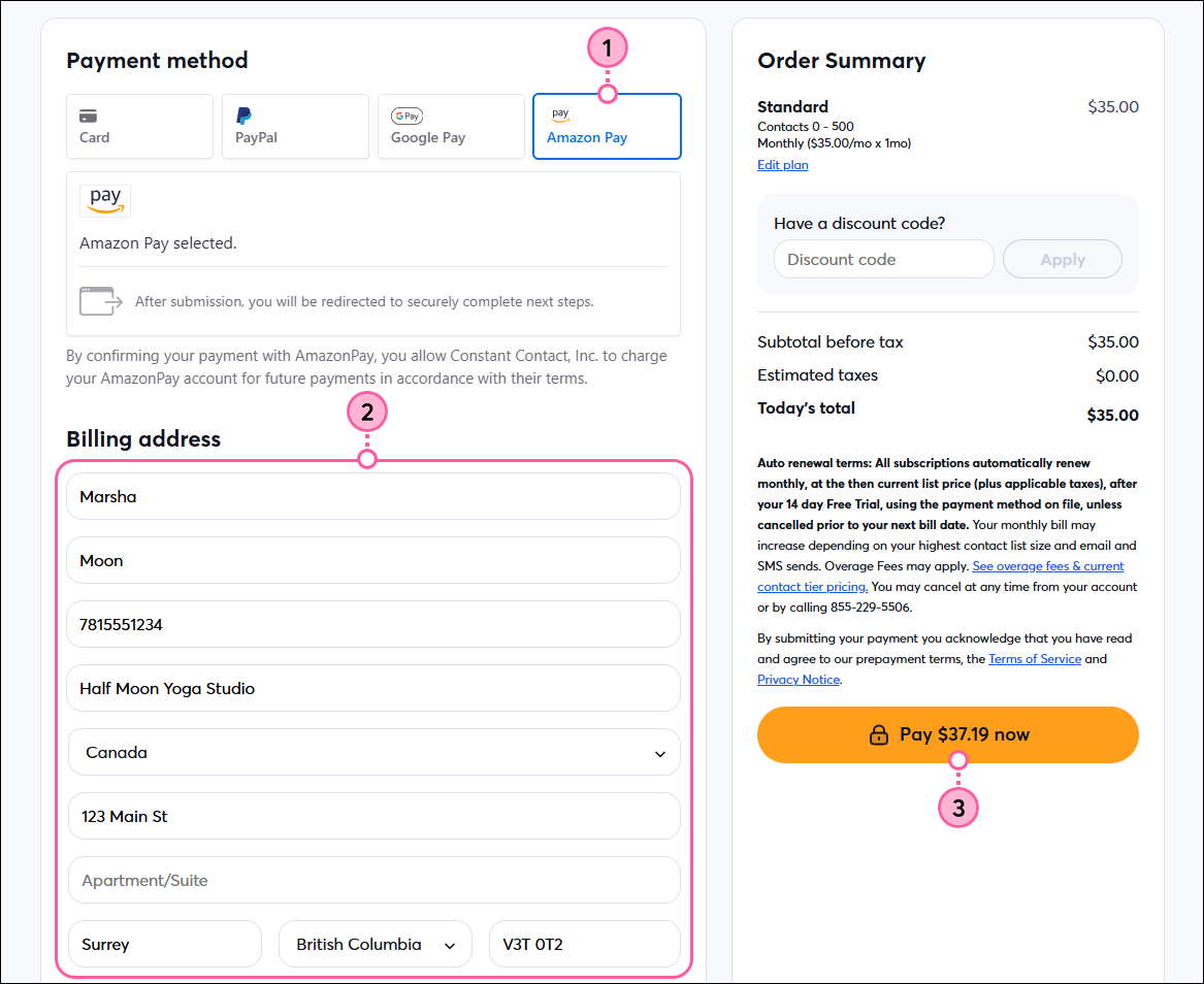 Checkout page with payment options, Amazon Pay selected, Billing address fields, and Pay Now button