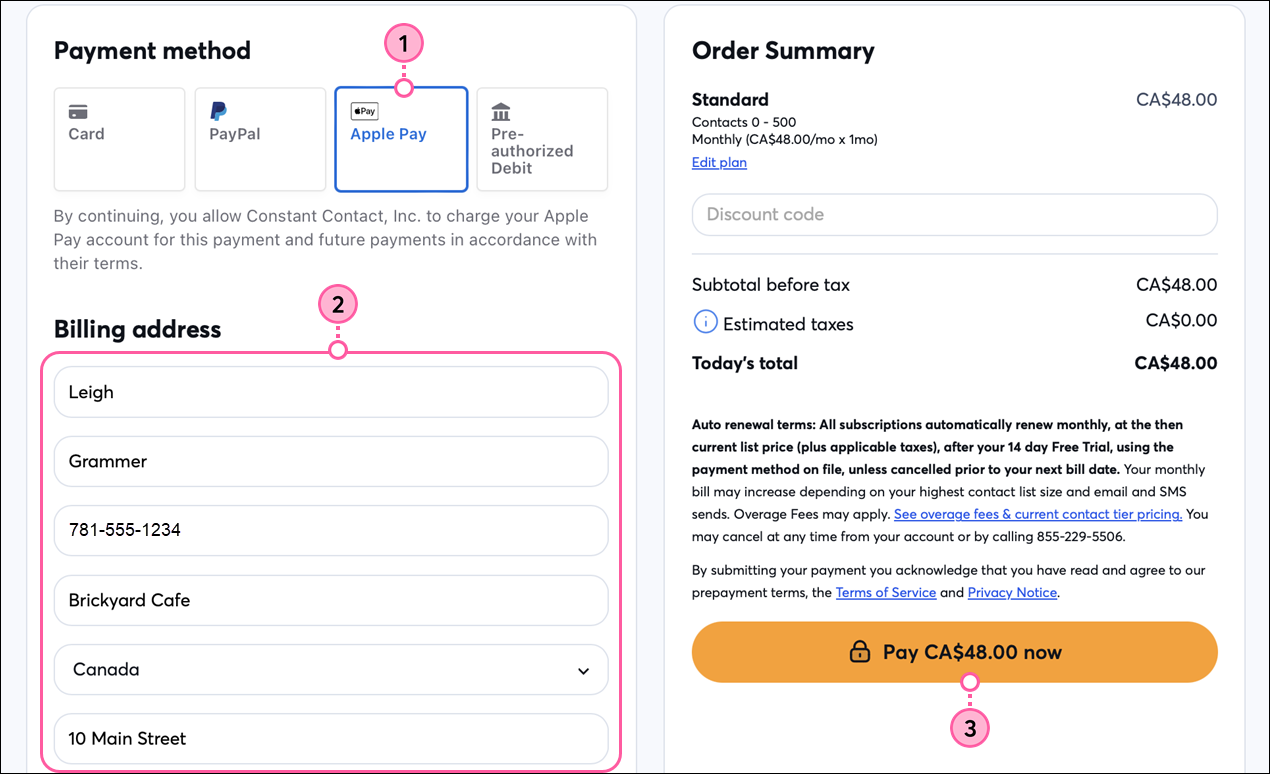 Checkout page, payment method options with Apple Pay selected, Billing address fields, and Pay Now button
