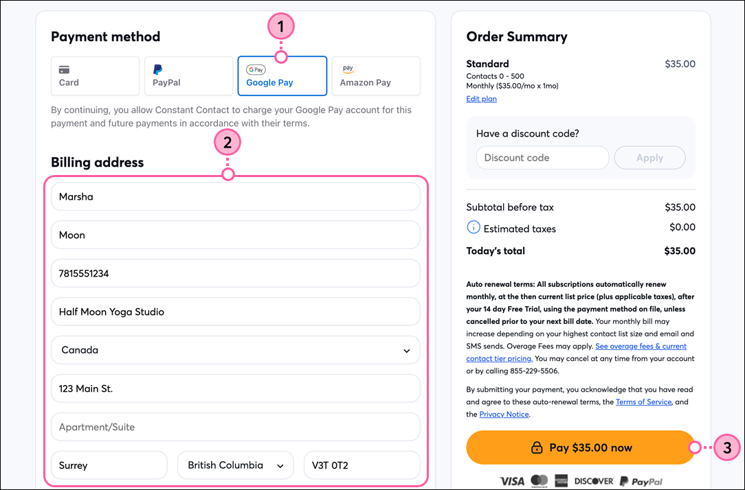 Checkout page with Payment method options, Google Pay selected, Billing address fields, and Pay Now button