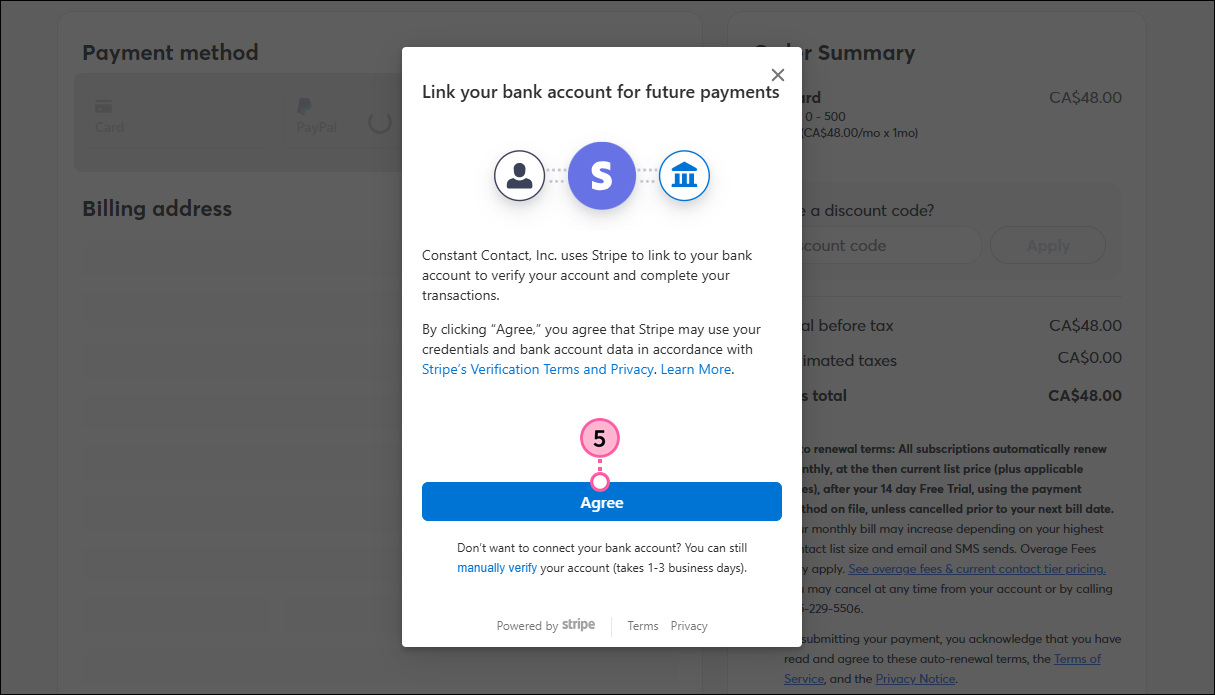 Checkout page with pop-up to link bank account and Agree button