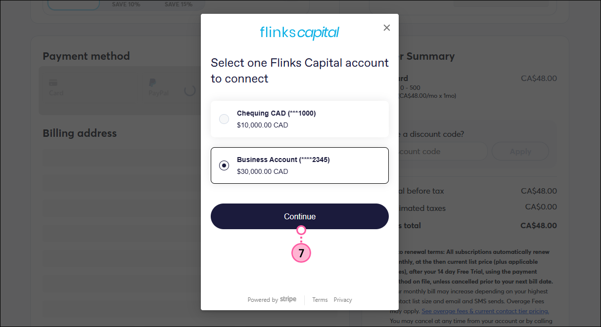 Checkout page with pop-up to select bank account to connect and Continue button