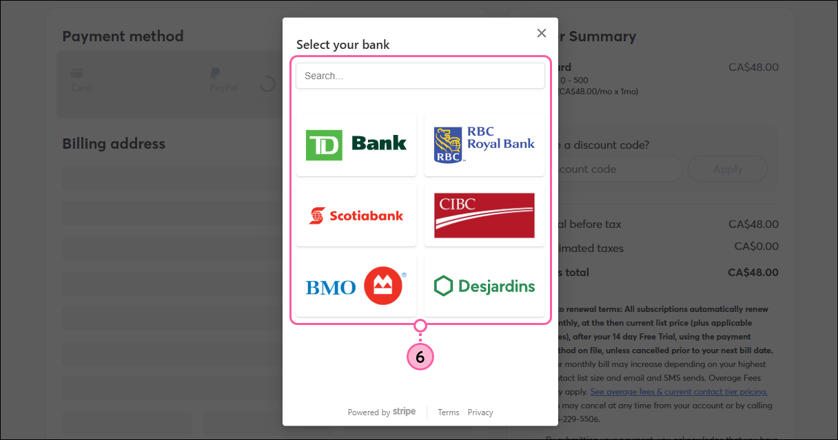 Checkout page with pop-up to select your bank