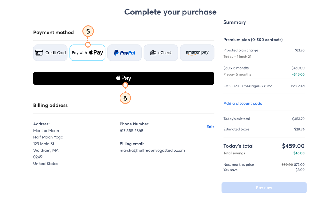 Payment method options with Apple Pay button